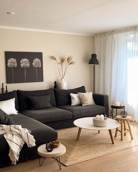 Dark Grey Couch Living Room, Black Couch Living Room, Grey Sofa Living Room, Grey Couch Living Room, Living Room Decor Gray, Apartment Living Room Design, Black Living Room, تصميم للمنزل العصري, Small Living Room Decor