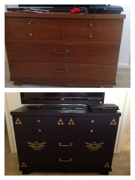 Gave my old dresser a makeover for my Nintendo room. #zelda #zeldafurniture #nintendobedroom #zeldabedroom #legendofzelda #triforce #diy #nintendodecor # Zelda Themed Bedroom, Zelda Bedroom Ideas, Zelda Room Ideas, Legend Of Zelda Bedroom Ideas, Zelda Living Room, Zelda Inspired Room, Gamer Dresser, Zelda Themed Room, Nerd House Decor