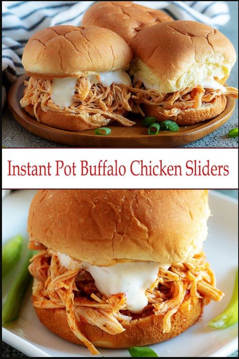 Instant Pot Buffalo Chicken sliders are a great game day or party appetizer or easy chicken sandwich dinner #buffalochicken #chicken #sliders #instantpot #recipes Easy Chicken Sandwich, Buffalo Chicken Sliders Recipes, Instant Pot Buffalo Chicken, Sliders Recipes Chicken, Buffalo Chicken Sliders, Chicken Sliders, Slider Recipes, Party Appetizers, Instant Pot Dinner Recipes