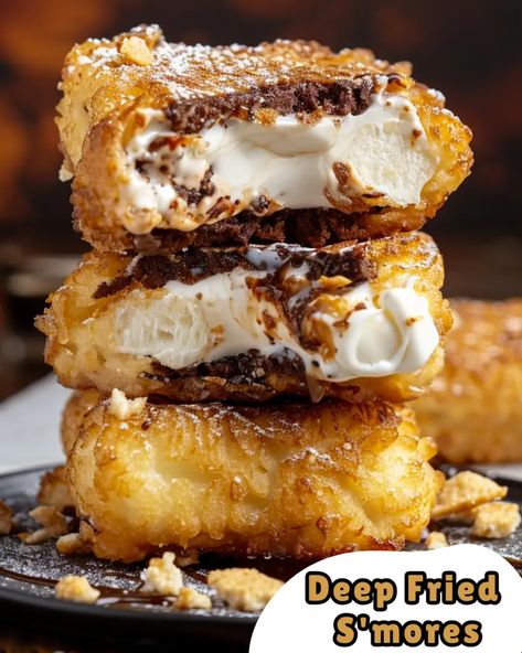 Deep Fried S'mores Recipe Deep Fried Smores, Fried Smores Balls, Deep Fried Marshmallows, Fried Dessert Recipes, Fried Smores, Fried Desserts, Deep Fried Desserts, Deep Fried Recipes, Deep Fried Appetizers