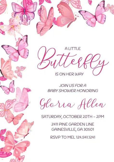 Little Butterfly - Free Baby Shower invitation maker, customize and share to social media Baby Shower Invitations Butterflies, Babyshower Invitation For Girl, Baby Shower Butterfly Invitations, Butterfly Invitation Template, Butterfly Baby Shower Ideas, Butterfly Baby Shower Invite, Baby Shower Invitation Ideas, Baby Shower Invitations Girl, Baby Shower Invitations Templates