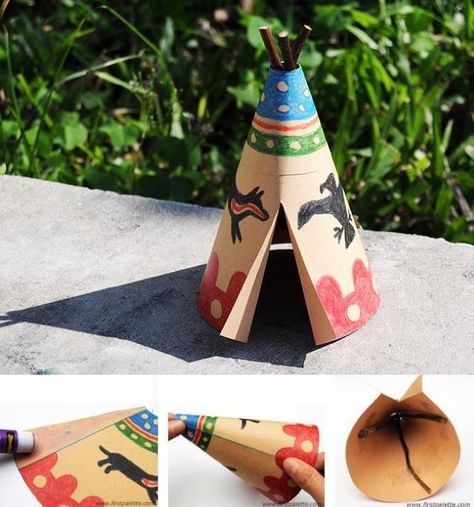 Easy-To-Build Native American Teepee Papercraft For Kids by First Pallete Tepee Craft Preschool, Tipi Project For School, Native American Teepee Craft, How To Make A Teepee For School Project, Native American Teepee Project, Native American Houses Project, Teepee Project For School, Native American Homes Project For Kids, Native American School Project Ideas