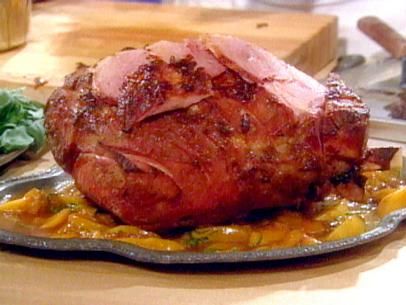 Baked Virginia Ham Recipe | Ina Garten | Food Network Peach Garnish, Jaques Pepin, Virginia Ham, Peach Sauce, Jacques Pepin, Peach Preserves, Ham Recipe, Pork Ham, Baked Ham