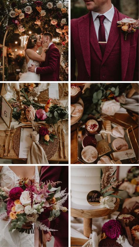 Mustard And Maroon Wedding, Burgundy And Brown Wedding Theme, Autumn Red Wedding, Copper And Red Wedding, Rust Red Color Palette Wedding, Red And Champagne Wedding Colors, Autumn Floral Wedding Dress, Burgundy Tan Wedding, Wedding Themes Maroon