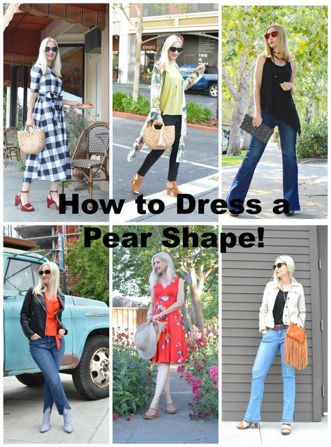 How to dress a pear-shaped figure, the most flattering wardrobe pieces on a pear shape, how to dress your pear-shaped body, how to dress to flatter your body shape, styling tips for pear shapes, shopping tips for pear shapes. #pearshape Petite Pear Shape Outfits, Pear Body Shape Fashion, Pear Body Shape Outfits, Pear Shape Fashion, Pear Shaped Dresses, Pear Shaped Outfits, Pear Shaped Women, Pear Body, Pear Body Shape