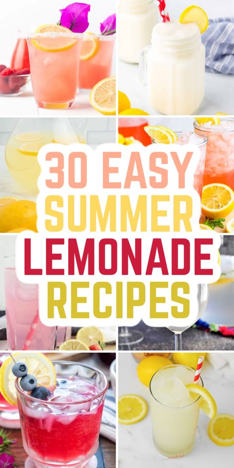 Finding a refreshing and easy summer drink that everyone loves can be tough. These 30 lemonade recipes are perfect for cooling down on hot days. Save this pin to have a variety of delicious lemonade options at your fingertips! Quench your thirst with a delightful lemonade variation perfect for any summer day. Easy lemonade, fresh lemonade, homemade lemonade recipes, party lemonade, frozen lemonade recipes, how to make lemonade at home, flavored lemonade recipes, easy summer drinks. Yummy Lemonade Recipes, Party Lemonade Recipe, Home Made Lemonade Recipe Easy, Lemonade Flavors Recipes, Lemonade Drinks Nonalcoholic, Carnival Lemonade Recipe, Lemonade Punch Recipes, Lemonade Variations, Lemonade Stand Aesthetic