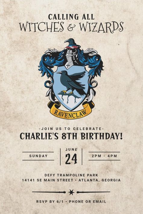 Harry Potter Birthday | Ravenclaw Invitation
Celebrate your child's birthday with these Ravenclaw Crest Birthday Invitations! Whether they're in Gryffindor, Slytherin, Hufflepuff, or Ravenclaw, your child and their friends can celebrate together with the Hogwarts School of Witchcraft and Wizardry Crest. Don't forget to send out the matching Ravenclaw Crest thank you notes! Harry Potter Party Invitations, Harry Potter Birthday Invitations, Harry Potter Invitations, Unique Birthday Ideas, Hogwarts Party, Harry Potter Theme Birthday, Cumpleaños Harry Potter, Gryffindor Slytherin, Diy Birthday Invitations