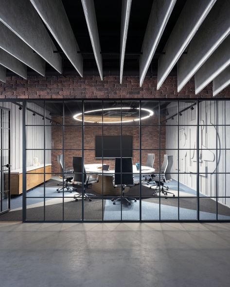 ACME Offices - Mohali | Office Snapshots Exposed Ceiling Office, Factory Office Design, Modern Industrial Office Design, Workspace Design Office, Engineering Office, Modern Industrial Office, Industrial Office Space, Factory Office, Warehouse Office