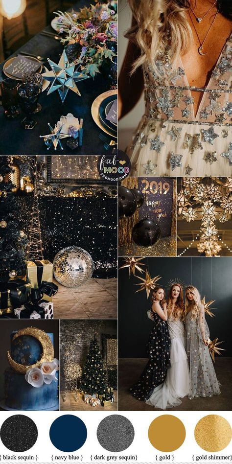 Wedding Colors Black, Celestial Wedding Theme, Blue Gold Wedding, New Year's Eve Wedding, Starry Night Wedding, Gold Wedding Colors, Black Gold Wedding, New Years Eve Weddings, Wedding Colour