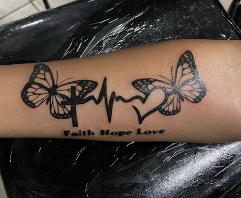 Butterfly Heartbeat Tattoo, Small Butterfly Memorial Tattoo, Sister Memorial Tattoos Butterflies, Butterfly And Heart Tattoo Ideas, Butterflies Going Up Arm Tattoo, Rip Butterfly Tattoos, Memorial Arm Tattoos For Women, Butterfly Name Tattoos For Women, Butterfly Tattoo For Passed Loved Ones