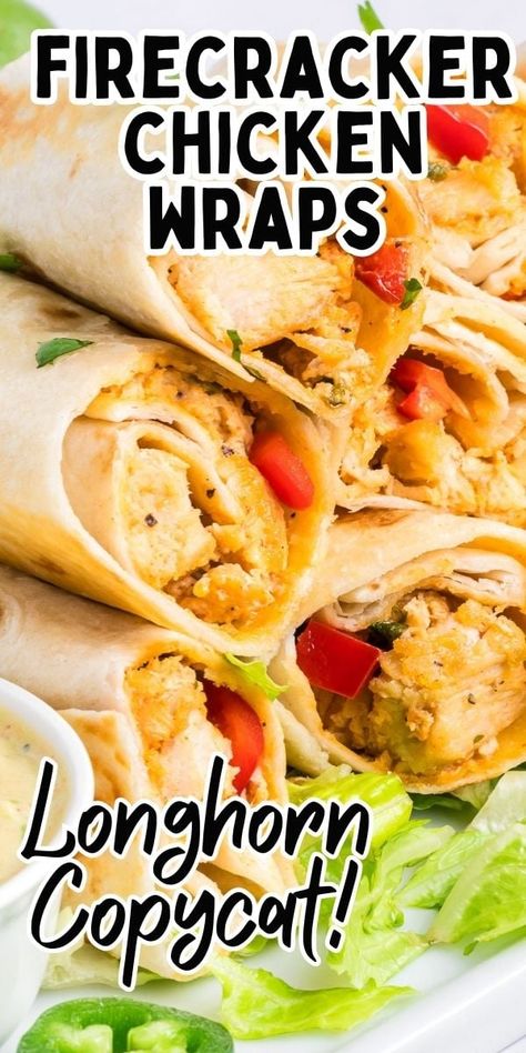 These easy Firecracker Chicken Wraps are a Longhorn copycat recipe that you'll love as an appetizer for a party, or pair them with some rice and a house salad for a weeknight dinner recipe! Firecracker Chicken Wraps, Enchilada Casserole With Corn Tortillas, Longhorn Copycat Recipes, Casserole With Corn Tortillas, Casserole With Corn, Firecracker Chicken, Cracker Chicken, Homemade Appetizer, Chicken Wrap Recipes