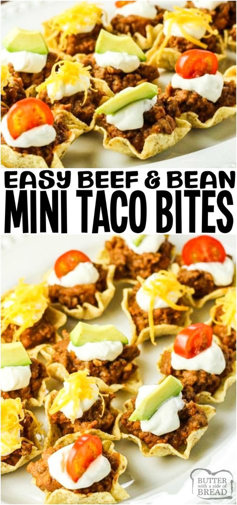 Nacho Bites Appetizer, Taco Meat Appetizer, Taco Bites Appetizers, Mini Tacos Appetizers, Mini Taco Appetizer, Ground Beef Refried Beans, March Meals, Mini Taco Bites, Taco Appetizers