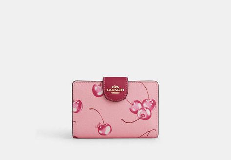 Medium Corner Zip Wallet With Cherry Print | COACH OUTLET Wallet Cute Aesthetic, Cute Designer Wallets, Cute Card Holder Wallet, Woman’s Gifts, Cherry Coach Purse, Coach Cherry Collection, Cherry Coach Wallet, Coach Medium Corner Zip Wallet, Coach Pink Wallet