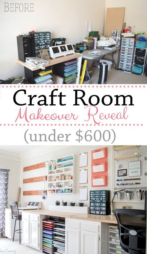 Craft Room Makeover Reveal - From No! to Wow! for under $600. Includes craft supply storage ideas on the wall and full DIY tutorials coming soon Craft Table Island, Craft Room With Futon, Modular Storage Furniture, Craft Room With Daybed, Basement Workspace, Audio Illustration, Vintage Bungalow, Crafting Organization, Organizing Crafts