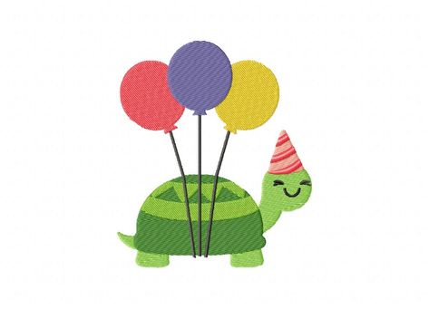 Birthday Turtle Happy Birthday Turtle, Cute Turtle Cartoon, Balloon Tattoo, Birthday Doodle, Labyrinth Design, Cartoon Turtle, Turtle Drawing, Turtle Birthday, Digitized Embroidery Designs