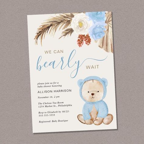 $2.93 | Boho We Can Bearly Wait Baby Boy Shower | Baby Shower Invitations | baby boy shower, teddy bear, we can bearly wait, boho, watercolor, cute, pampas grass, beige blue terracotta, script, rustic Boho Baby Boy, Teddy Bear Baby Shower Invitations, Boy Shower Invitations, Bear Invitations, We Can Bearly Wait, Boho Baby Shower Invitations, Mode Kimono, Bearly Wait, Baby Shower Supplies