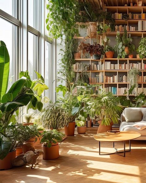 Plants In Library, Sunroom Plants Decor, Plants Bookshelf, Creative Accent Wall Ideas, Cute Fall Backgrounds, Indoor Garden Rooms, Books And Plants, Paint Pumpkins, Home Decor Ideas Bedroom