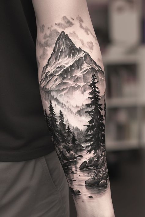 Explore 80 epic mountain tattoo ideas that will elevate your ink to the next level. These designs include simple mountain and tree tattoos for the forearm, sleeve, shoulder, and back, as well as mountain and sun tattoos that shine on the ankle or arm. Whether you’re drawn to geometric and fine line mountain and wave tattoos, minimalist or colored designs, or matching couple tattoos, these ideas are perfect for both men and women. Find inspiration in these meaningful and beautiful tattoos. Tree Calf Tattoo Men, Mountain Filler Tattoo, Mountain Calf Tattoo Men, His And Her Mountain Tattoo, Mountains And Bear Tattoo, Tattoo Half Sleeve Women Forearm, Mountaineer Tattoo, Tree And Mountain Tattoo Sleeve, Forest Arm Sleeve Tattoo