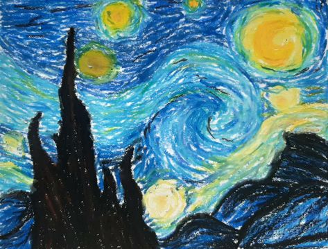 Oil pastel starry night ♡ Famous Oil Pastel Paintings, Starry Night Simple Drawing, Starry Night Reference, Stary Night Oil Pastels, Canvas Oil Pastel Ideas, Starry Night Oil Pastel, Oil Pastel Art For Beginners, Inspo Drawing, Gogh Paintings