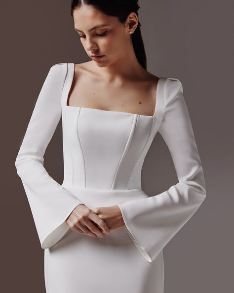 Minimalist wedding dress with a corset bodice and a square neckline ♡ #UnonaRoksolana Long Sleeve Square Neck Corset Wedding Dress, Dress With A Corset, Minimalist Wedding Dress, Corset Wedding Dress, Neck Corset, Minimalist Wedding Dresses, Wedding Dresses Corset, Corset Bodice, Square Necklines