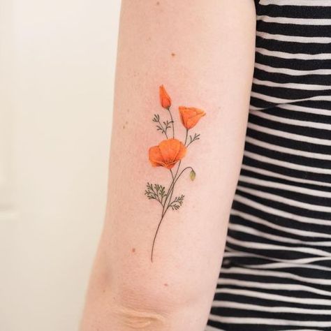 (10) Poppy flower 🧡 📍Location in San Mateo 。 。... - Tina Choi Tattoo | Facebook Orange Poppy Tattoo Small, Colored Poppy Tattoo, Poppies Flower Tattoo, Orange Poppy Tattoo, Poppy Tattoo Small, California Poppy Tattoo, Tatto Designs, Bird Of Paradise Tattoo, Forget Me Not Tattoo