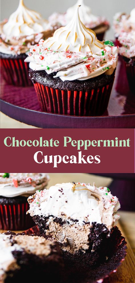 chocolate peppermint cupcakes Peppermint Cupcake Recipe, Peppermint Hot Chocolate Cupcakes, Peppermint Chocolate Cupcakes, Peppermint Bark Cupcakes, Peppermint Cupcakes Christmas, Xmas Cupcake Ideas, Chocolate Christmas Cupcakes, Chocolate Peppermint Mousse, Peppermint Mocha Cupcakes