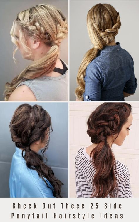 Check Out These 25 Side Ponytail Hairstyle Ideas - Top Beauty Magazines Bride Hairstyles Side Ponytail, Side Pony With Braid, Side Braid High Ponytail, Low Side Braid Ponytail, Dressy Side Ponytail Hairstyles, Ponytails For Weddings, Fancy Side Ponytail Hairstyles, Bridesmaid Hairstyles Side Ponytail, Bridesmaid Hair Side Pony