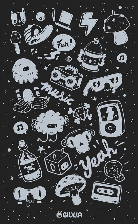 Fun! | Giulia Marchetti on Behance 90s Doodles Art, Black Doodle Wallpaper, Doodles Tattoo Ideas, Black Doodle Art, 90s Doodles, Doodle Art Wallpaper, Doodles Tattoo, Doodles Wallpaper, Doodle Wallpaper