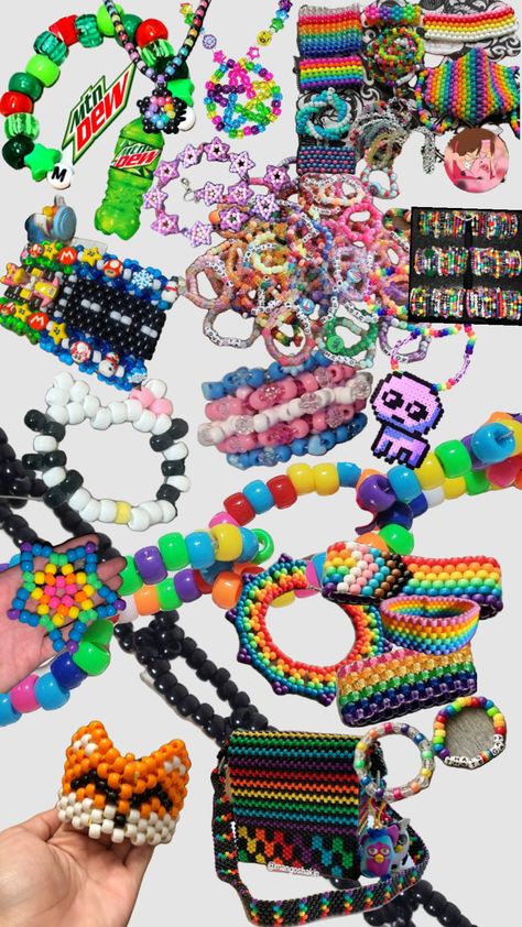 Created by Skittl3z_is_a_w3ird0 on Shuffles Kandi Aesthetic, Kandi Core, Kandi Scene, Kandi Cuff Patterns, Y2k Scene, Kandi Cuff, Bracelets Ideas, Scene Outfits, Kandi Bracelets