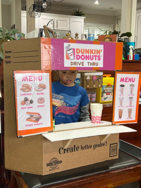 Dramatic play pretend play Dunkin drive thru cardboard Dramatic Play Bulletin Board Ideas, School Cafeteria Dramatic Play, Dramatic Centre Ideas Preschool, Sandwich Shop Dramatic Play Free Printable, Dunkin Drive Thru, Dramatic Play Classroom Set Up, Dramatic Play Provocations, Drive Thru Dramatic Play, Donut Dramatic Play