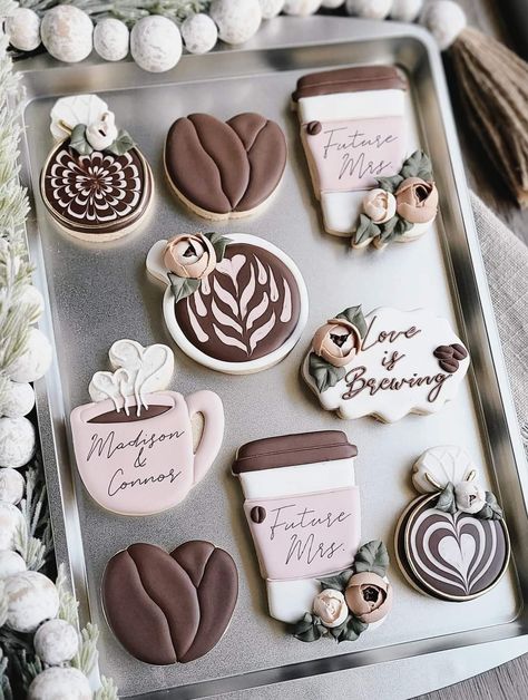 Love Is Brewing Cookies Decorated, Love Is Brewing Bridal Shower Cookies, Espresso Martini Cookies Decorated, Love Is Brewing Cookies, Latte Cookies Decorated, Coffee Cup Sugar Cookies, Coffee Cookies Decorated, Miss To Mrs Cookies, Coffee Cup Cookies