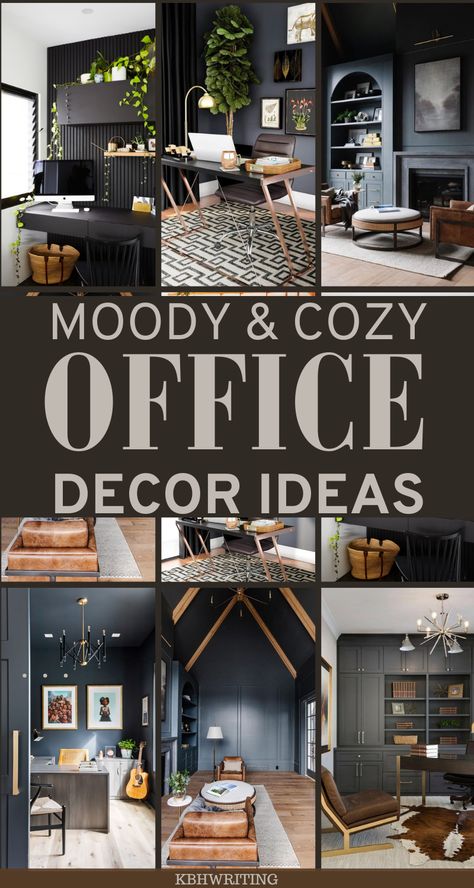 Cozy up your workspace with these 20 moody office design ideas for a productive and stylish ambiance. #OfficeDecor #WorkspaceInspo #MoodyOfficeDesign #ProductivityTips Dark Paint Office Ideas, Dark And Moody Office Cozy, Cozy Den Room Ideas Small Office, Modern Gothic Home Office, Black And Brown Office Decor, Grey And Brown Office, Home Office Theme Ideas, Modern Rustic Office Ideas, Black Moody Office