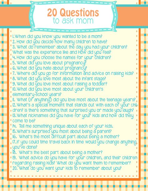 20 questions to ask YOUR mom. An awesome questionnaire to document family history or put in your journal. FREE Printable. Number 11 would get some really interesting answers from my mom. Questions To Ask Mom, Mother Daughter Journal, Ask Mom, Family History Quotes, Family History Projects, History Questions, Family History Book, Journal Questions, Confidence Kids