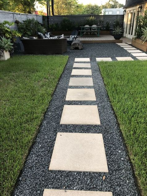 Pavestone Walkway Ideas, Raised Perimeter Garden Beds, Lighted Pathway Ideas, Patio Swings Ideas Backyards, Modern Driveway Paver Design, Sidewalk To Backyard, Large Tree Landscaping, Black Stone Landscaping, Yard Pavers Ideas