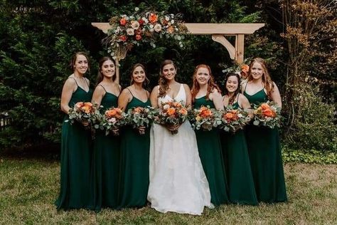 Fall Wedding Ideas Green Color Schemes, October Wedding Ideas Green, Evergreen Fall Wedding, Fall Wedding With Green Dresses, Pine Color Bridesmaid Dresses, Forest Green Wedding Bridesmaid Dress, Flowers For Dark Green Dress, Fall Wedding Colors Dark Green, Forest Green And Red Wedding Theme