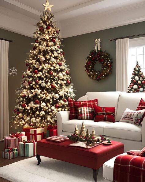 Red And Gold Christmas Tree, Creative Christmas Trees, Christmas Decor Inspiration, Christmas Themes Decorations, Christmas Decorations Living Room, Christmas Living Rooms, Christmas Trends, Christmas Room, Christmas Porch