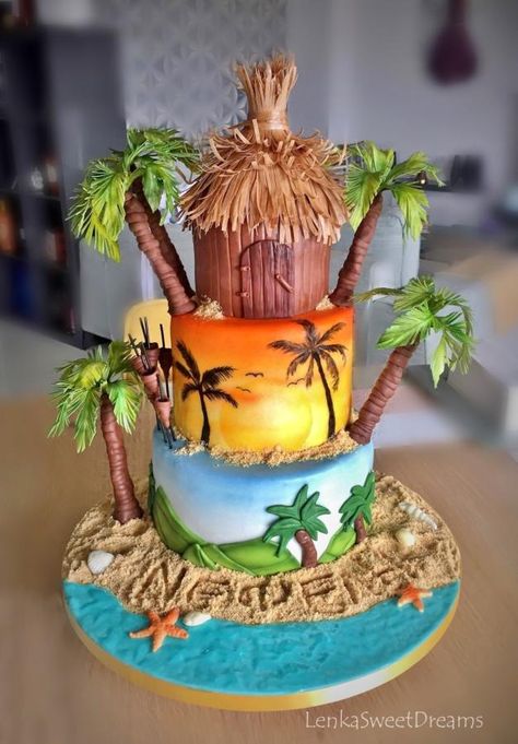 Survivor cake. - Cake by LenkaSweetDreams Island Cake Ideas, Survivor Cake, Hawaiian Theme Cakes, Hawaiian Birthday Cakes, Tiki Cake, Tropical Birthday Cake, Hawaii Cake, Beach Birthday Cake, Island Birthday