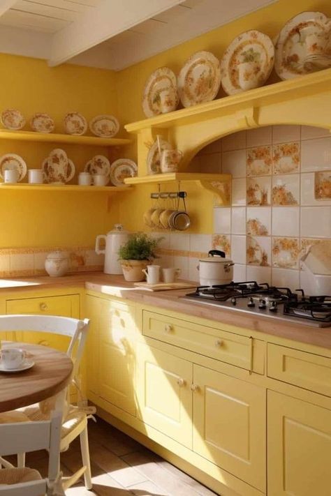 Bright Yellow Kitchen, Yellow Country Kitchens, Yellow Kitchens, Mustard Yellow Kitchens, Yellow Kitchen Designs, Kitchen Color Yellow, Yellow Kitchen Cabinets, Yellow Cabinets, Cabinets Painted