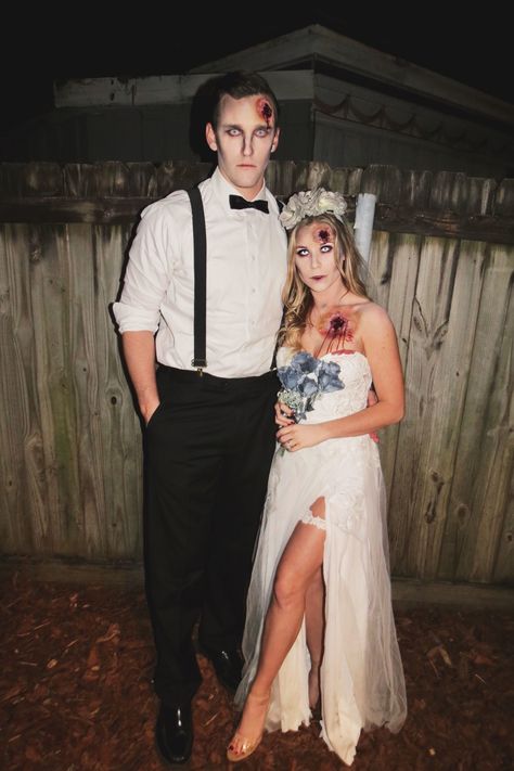 This list has a lot of easy and unique ideas for easy couple halloween costumes for 2020. So many cute and funny options for ultimate relationship goals. As a college student with a boyfriend, it’s hard coming up with a costume idea and I don’t like spending a lot either. This list is good for people like me and I like that there are plenty DIY costume ideas to do at the last minute. #coupleshalloweencostumes #diyhalloweencostumes #halloween Bride And Groom Halloween Costumes Ideas, Zombie Bride Costume, Zombie Couple Costume, Scary Couples Halloween Costumes, Halloween Bride Costumes, Easy Couple Halloween Costumes, Zombie Wedding, Braut Halloween, Halloweenský Makeup