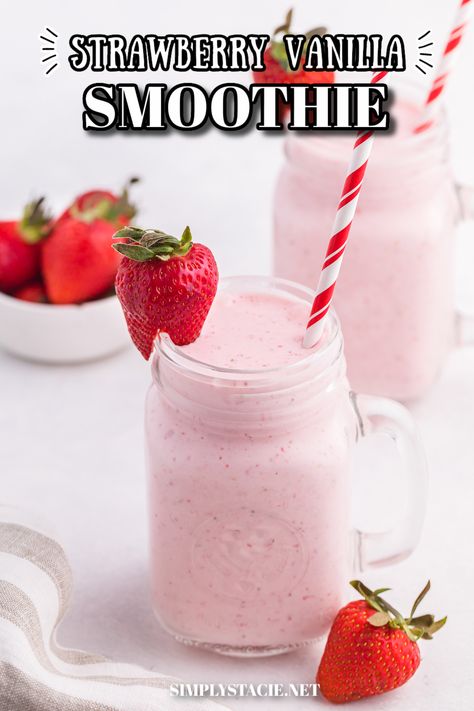 Strawberry Vanilla Smoothie in a glass mug, garnished with a strawberry and a white and red white straw. Vanilla Yogurt Smoothie Recipes, Strawberry Smoothies With Yogurt, Smoothie With Vanilla Yogurt, Frozen Strawberry Recipes Smoothie, Smoothie With Frozen Strawberries, Creamy Strawberry Smoothie, Scooters Strawberry Smoothie Recipe, Frozen Strawberries Smoothie, Creamy Smoothie Recipes