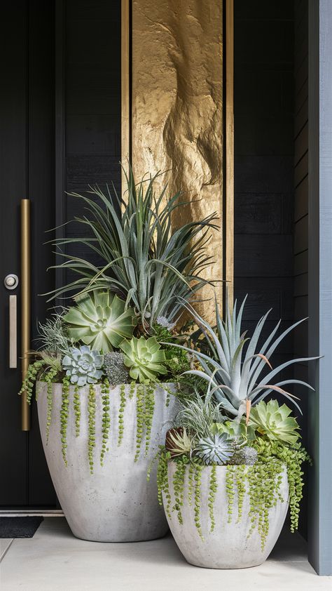 Landscaping Pots & Planters, Cacti Front Porch, Succulent Pot Design, Front Door Flowers Entrance, Front Door Steps Decor, Front Entrance Potted Plants, Landscape With Flower Pots, Styling Outdoor Pots, Succulent Pot Garden