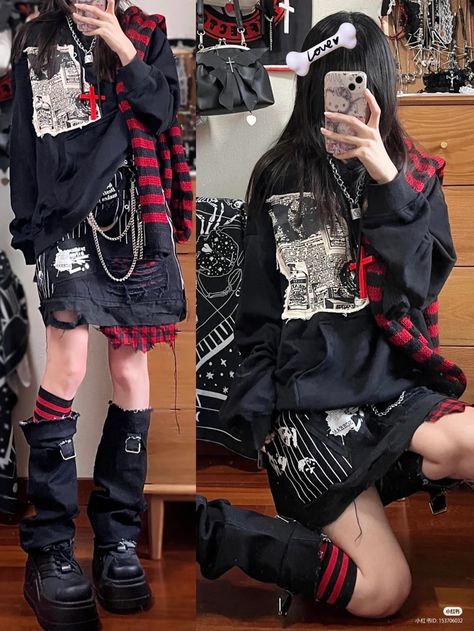 Grunge Outfits Red And Black, Red And Black Alt Outfits, Red Punk Aesthetic, Red Grunge Aesthetic Outfits, Red Y2k Outfit, Red Grunge Outfit, Goth Outfits For School, Red Goth Outfits, Red Black Outfit