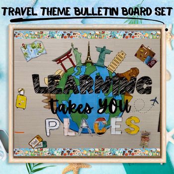 Take your students on an adventure around the world with this engaging Travel Theme Bulletin Board Set! Perfect for igniting curiosity and excitement about different cultures and places, this set includes everything you need to create a vibrant and educational display in your classroom.Included in this set:  Letters: Bold and colorful letters that spell out Learning Takes You Places.  Landmarks: Eye-catching illustrations of famous landmarks from around the globe, such as the Eiffel Tower.  Earth Poster Directions: Step-by-step instructions to create a large, poster-sized Earth, perfect as the centerpiece of your bulletin board.  Border: A decorative border to frame your bulletin board and tie the theme together.  Boarding Pass: A boarding pass to put your students names on them.   Meet th Global Bulletin Board Ideas, Read Around The World Bulletin Board, Foreign Language Bulletin Board Ideas, Learning Takes You Places Theme, Around The World Bulletin Board Ideas, Travel Theme Bulletin Board, Around The World Classroom Theme, Around The World Theme Party, Multicultural Bulletin Board