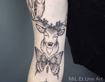 Butterfly deer and sleepy owl tattoo Bonsai Tattoo, Mandala Thigh Tattoo, Tattoo Pierna, 2024 Tattoo, Kids Tattoo, Tattoo Shoulder, Butterfly Tattoos For Women, Sacred Geometry Tattoo, Deer Tattoo