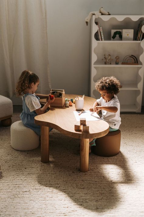 Premium Elm Wood Curvy Connections: Seamlessly connect two or three of these tables. Their ingenious design allows them to fit together perfectly,  Dimensions 131cm length  x 50cm height Kids Space In Living Room, Livingroom Toys, Table In Playroom, Playroom For Toddler, Kids Small Playroom Ideas, Montessori Interior, Luxury Playroom, Play Table For Kids, Boy Toddler Room