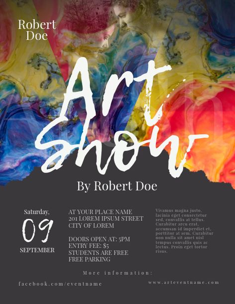 Ink or mixed paint element with handwritten typography. Eye catching colors and position Art Show Flyer, Art Show Poster, Show Flyer, Art Brochures, Free Psd Flyer Templates, Art Exhibition Posters, Art Invitation, Event Poster Design, Art Exhibit