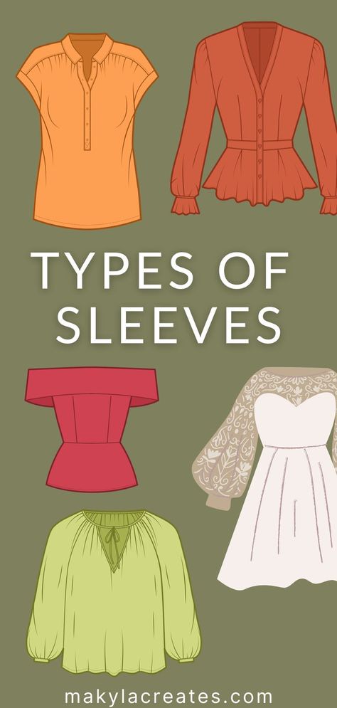 Different drawings of garments with all different types of sleeves Drop Sleeve Top, Kinds Of Sleeves Style, Types Of Sleeves For Blouse, Raglan Sleeve Dress Pattern, Types Of Shirt Sleeves, Types Of Sleeves With Names, Sleeve Types And Styles, Types Of Sleeves For Dresses, Types Of Sleeves Pattern