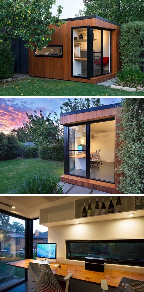 This prefab backyard home office is covered in wood and black trim surrounds the windows and sliding door. Office Outdoor Design, Garden Office Ideas Interiors, Outdoor Office Ideas, Mini Office Design, Garden Office Interior, Garden Office Ideas, Outside Office, Outdoor Home Office, Backyard Guest Houses