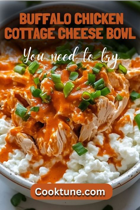 A deliciously satisfying meal perfect for those who love a spicy kick. This Buffalo Chicken Cottage Cheese Bowl combines creamy cottage cheese with spicy buffalo chicken, crunchy celery, and carrots, drizzled with ranch dressing. It's a hearty yet light option that’s perfect for lunch or dinner. Healthy Dinner Recipes Cottage Cheese, Buffalo Cottage Cheese, Buffalo Chicken Bowl Healthy, Chicken Taco Cottage Cheese Bowl, Cottage Cheese Blt Bowl, Recipes Made With Cottage Cheese, Cottage Cheese Buffalo Chicken Dip, Cottage Cheese Chicken Bowl, Buffalo Chicken Cottage Cheese Bowl