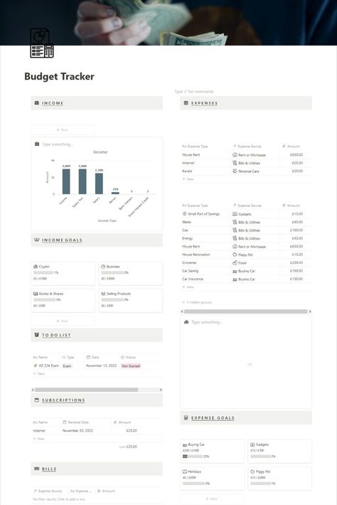 A notion template to plan & manage all your expenses & income. It is an all in one template containing finance tracker as well as budget planner. This contains sections like :- Income (graph view), Monthly Expense tracker, Subscription tracker, Income goals (To achieve your financial goals), Expenses goals, Account overalls (To keep track of all the platforms you are using {accounts tracker)}, To-list template. Download this free template now & start planning your budget, tracking your money 💰 Financial Budget Planner, Personal Budget Planner, Budget Planner Free, Money Template, Financial Budget, Personal Finance Budget, Budget Planner Template, Monthly Budget Template, Budget Planner Printable